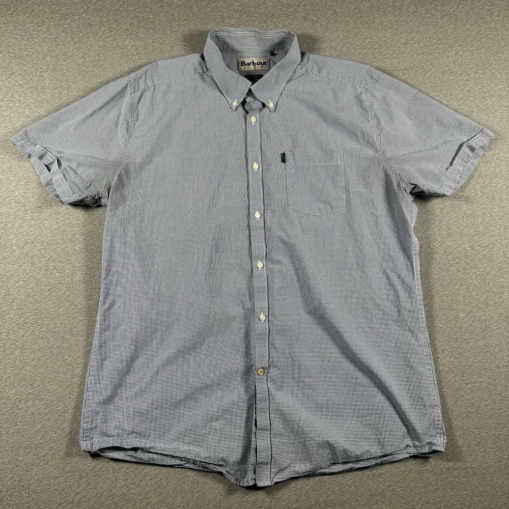 Barbour Shirt Mens L Blue Plaid Tailored Fit Short Sleeve Casual Button Down - Picture 8 of 9